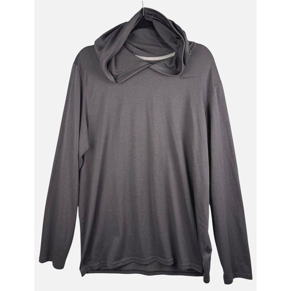 NIKE Hooded Top Men's Large Dri-Fit‎ Long Sleeved Striped Pullover Dark Gray